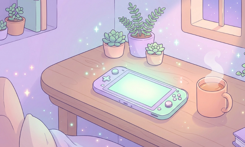 Pastel cozy desk setup with a handheld game console, warm cup of tea, tiny plants, and soft glowing sparkles in a relaxing atmosphere.