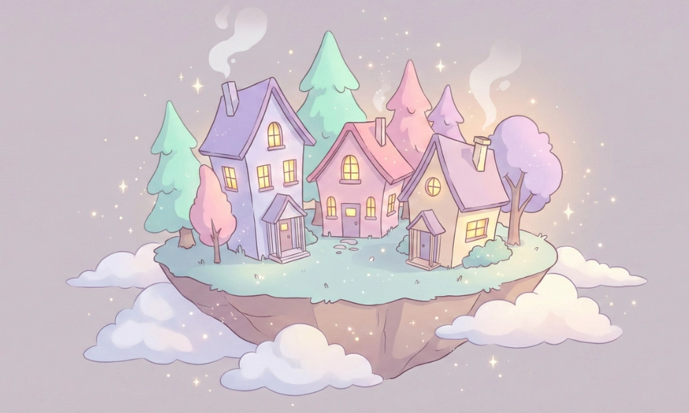 Pastel cozy fantasy world illustration with tiny houses, warm lights, soft clouds, pastel trees, and gentle magical sparkles in a relaxing atmosphere.