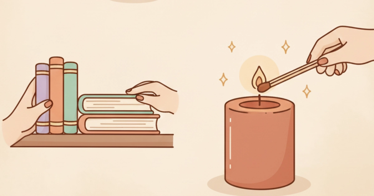 Cozy illustration of arranging books and lighting a candle, showing predictable tasks used in slow gameplay loops that reduce stress.