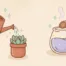 Cozy illustration of watering a plant and stirring a potion, showing how slow gameplay loops reduce stress through gentle repetitive tasks.