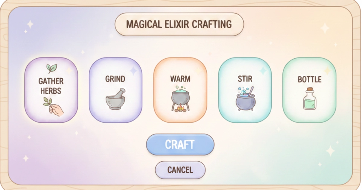 cozy games mindfulness step-by-step crafting UI that supports calm attention