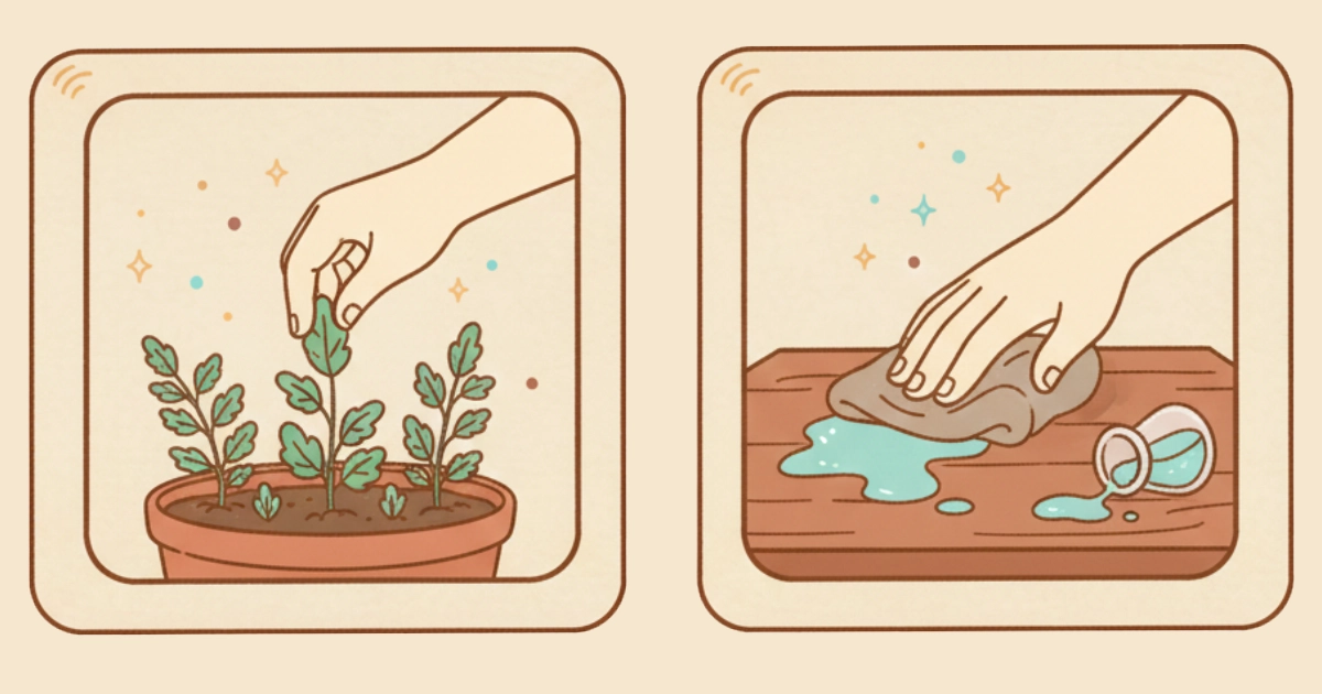 Cozy illustration of trimming plants by hand, showing how gentle tasks in slow gameplay loops reduce stress.