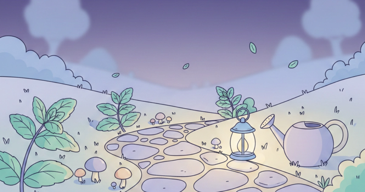 cozy tiny moments in a calm magical garden scene
