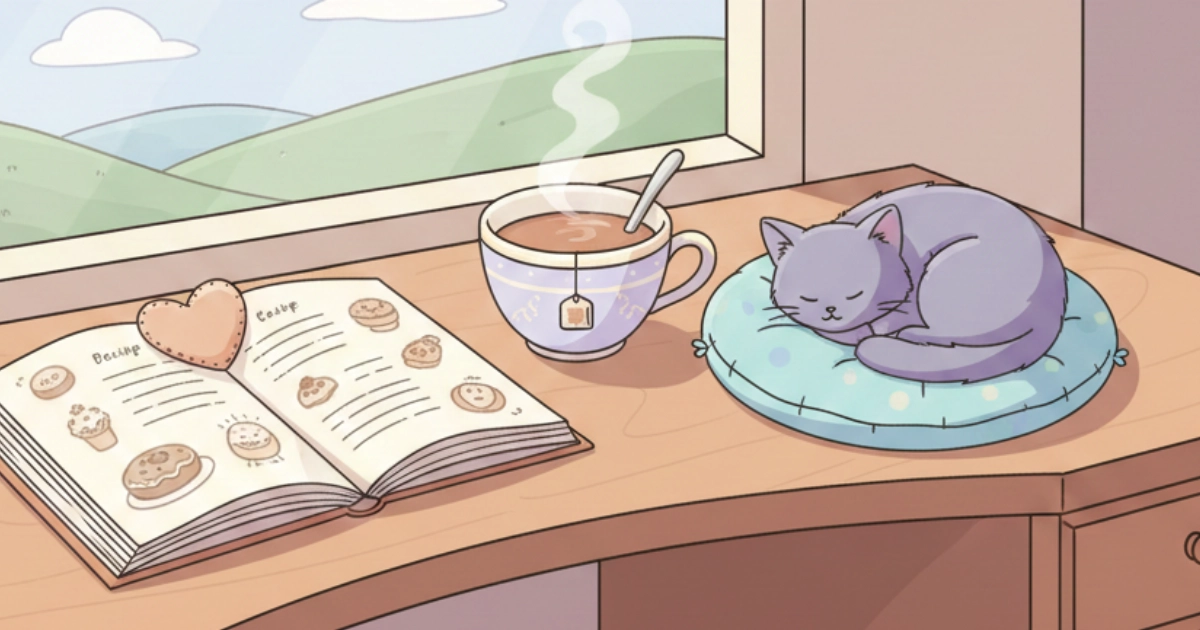 cozy tiny moments like pausing with tea and a recipe book 