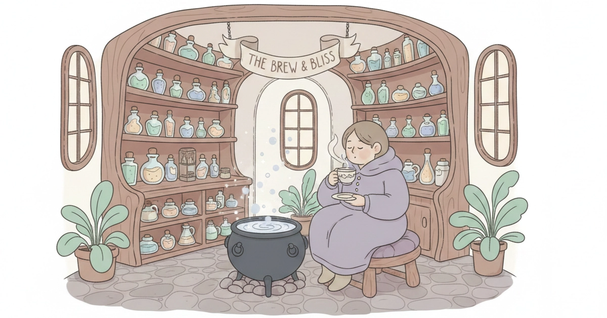 doing less peaceful cozy game scene in a calm alchemy shop