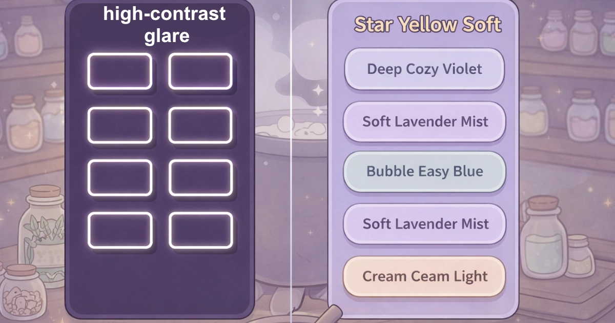 low contrast design comparison in cozy game UI to reduce eye strain