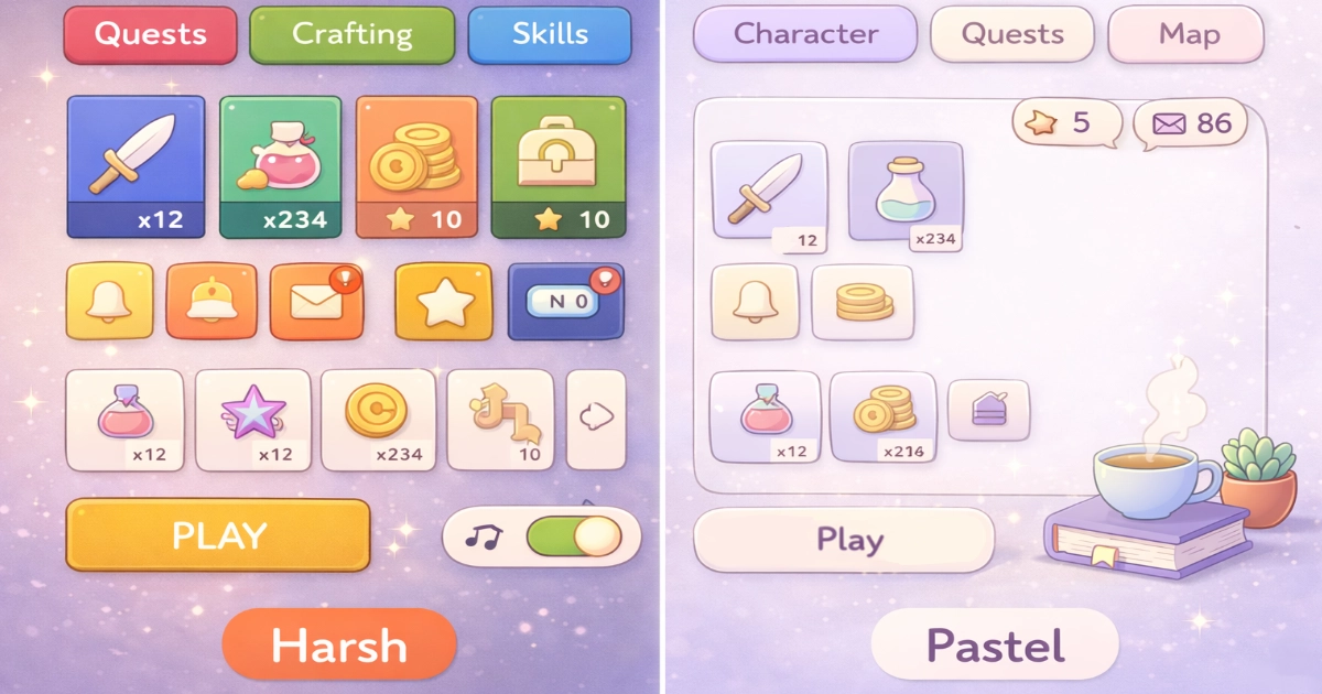pastel palettes cognitive load comparison between harsh and calm game UI 