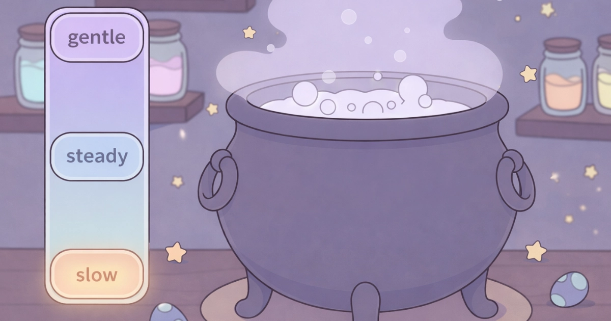 slow play trend shown as a gentle pace control in cozy game UI