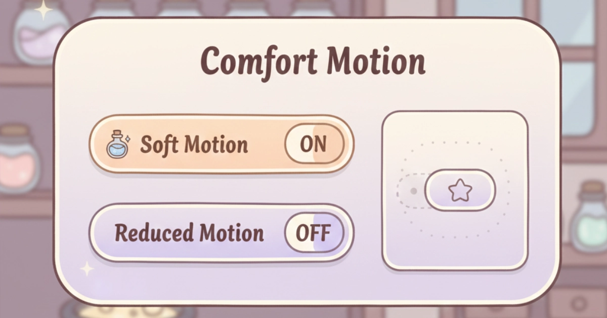 soft animations science comfort settings with reduced motion option in cozy game UI