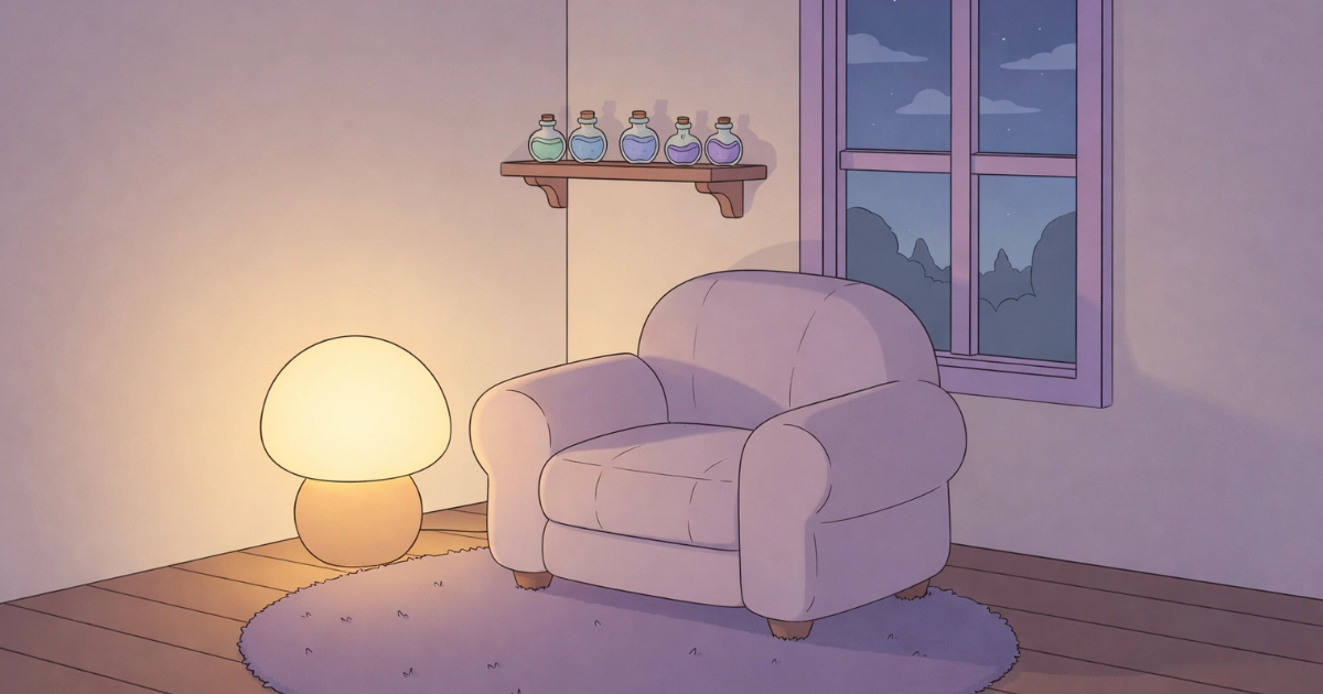 warm light cozy corner in a relaxing game scene